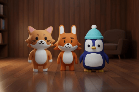 Cat Fox Penguin Chibi 3D Model Set