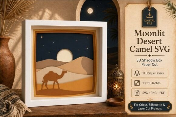 Moonlit Desert Camel SVG 3D Shadow Box: A Captivating Addition to Your Home Decor
